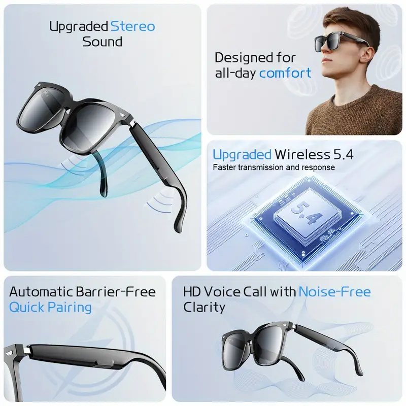 Cuffie wireless per gli occhiali, un auricolare wireless stereo 2 in 1 con microfono per chiamate e musica.