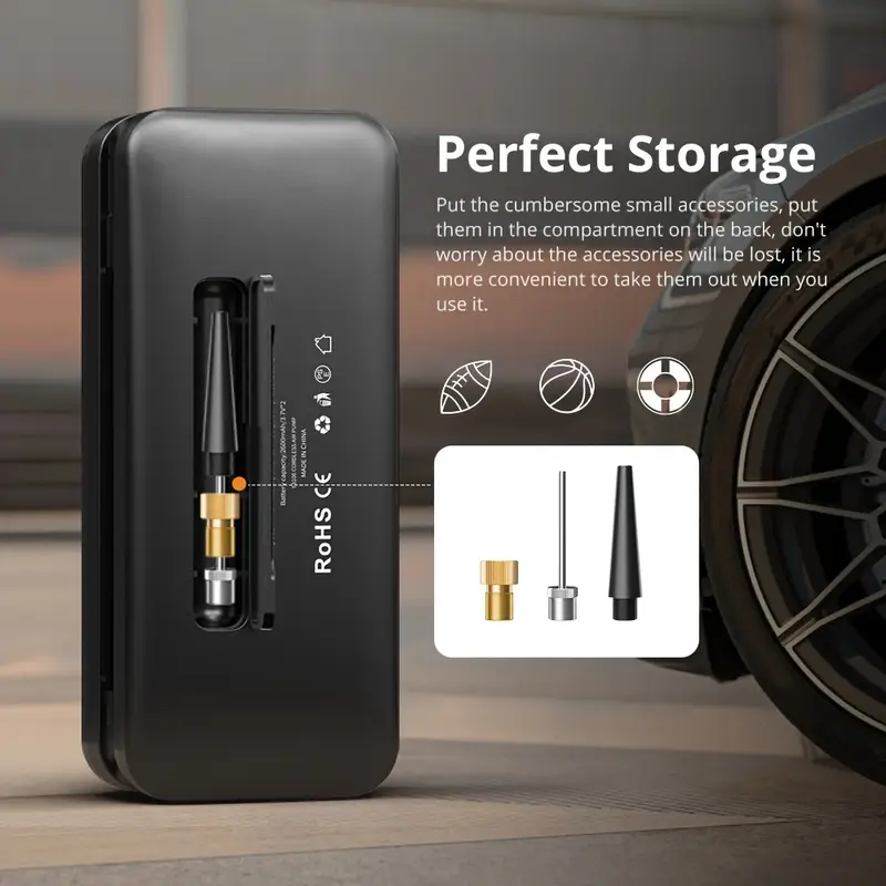 Gonfiatore Portatile per Auto, Moto e Biciclette con Custodia Integrata sul Retro.