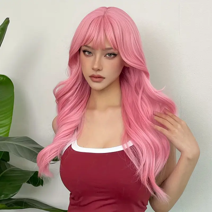 Parrucca rosa lunga ondulata con frangia – Realizzata in fibra sintetica, ideale per uso quotidiano, feste, cosplay e festival musicali. Lunghezza: 60,96 cm