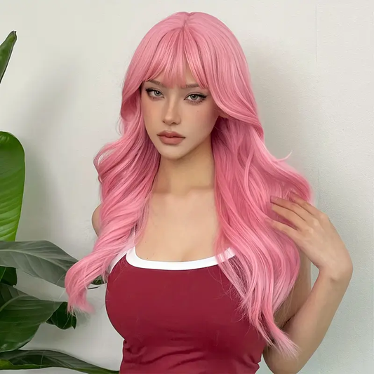 Parrucca rosa lunga ondulata con frangia – Realizzata in fibra sintetica, ideale per uso quotidiano, feste, cosplay e festival musicali. Lunghezza: 60,96 cm