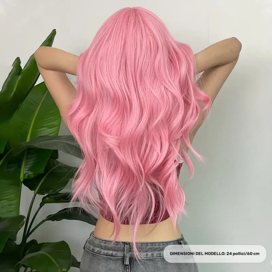 Parrucca rosa lunga ondulata con frangia – Realizzata in fibra sintetica, ideale per uso quotidiano, feste, cosplay e festival musicali. Lunghezza: 60,96 cm