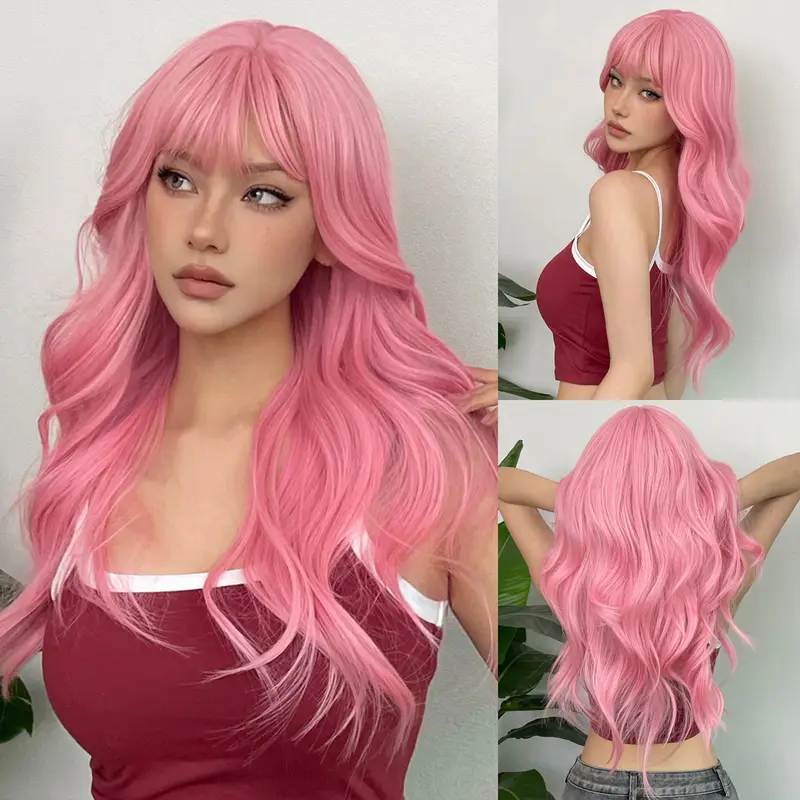 Parrucca rosa lunga ondulata con frangia – Realizzata in fibra sintetica, ideale per uso quotidiano, feste, cosplay e festival musicali. Lunghezza: 60,96 cm