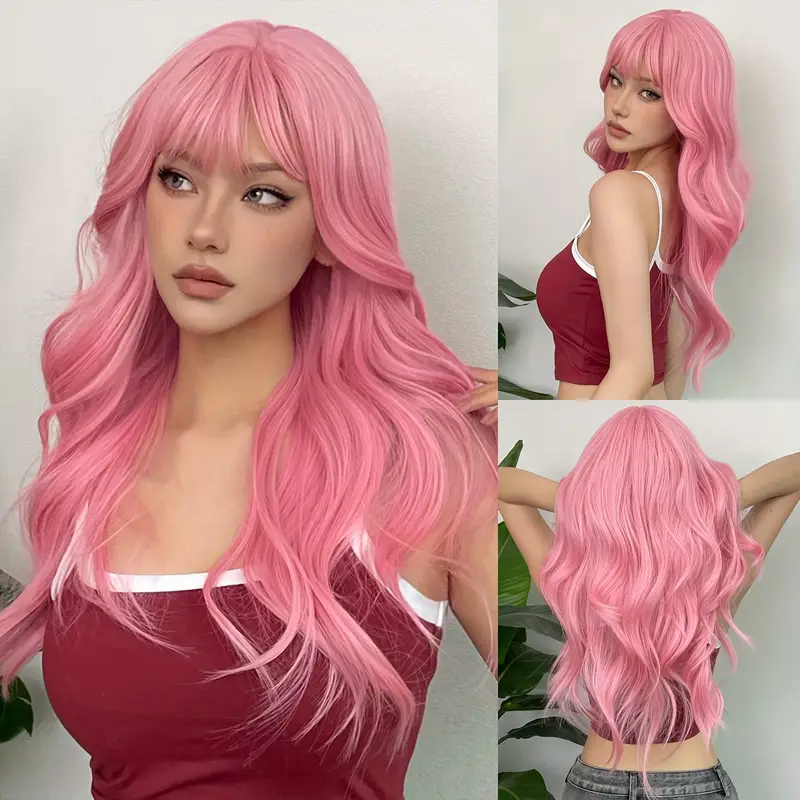 Parrucca rosa lunga ondulata con frangia – Realizzata in fibra sintetica, ideale per uso quotidiano, feste, cosplay e festival musicali. Lunghezza: 60,96 cm